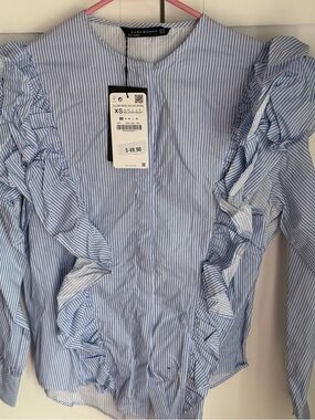 Zara Woman Blue & White Striped Ruffle-Neck Blouse